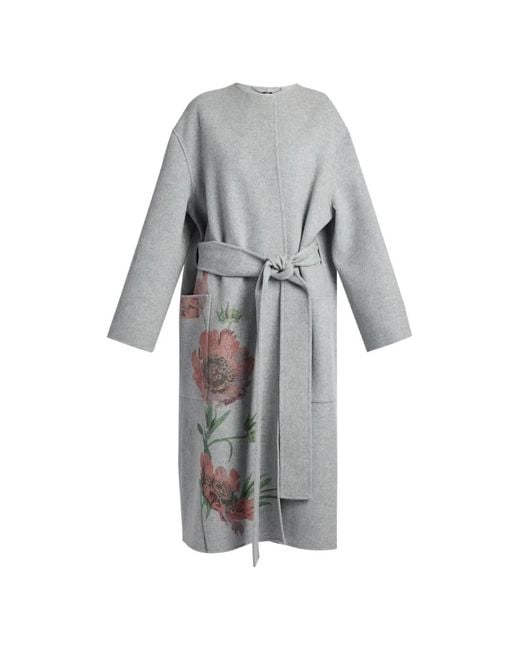 Erdem Gray Floral-Print Belted Coat