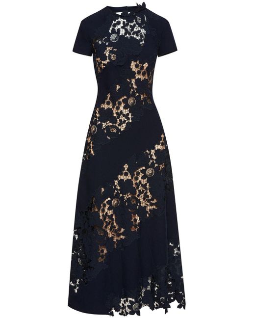 Oscar de la Renta Blue Mixed Botanical Guipure-lace Midi Dress