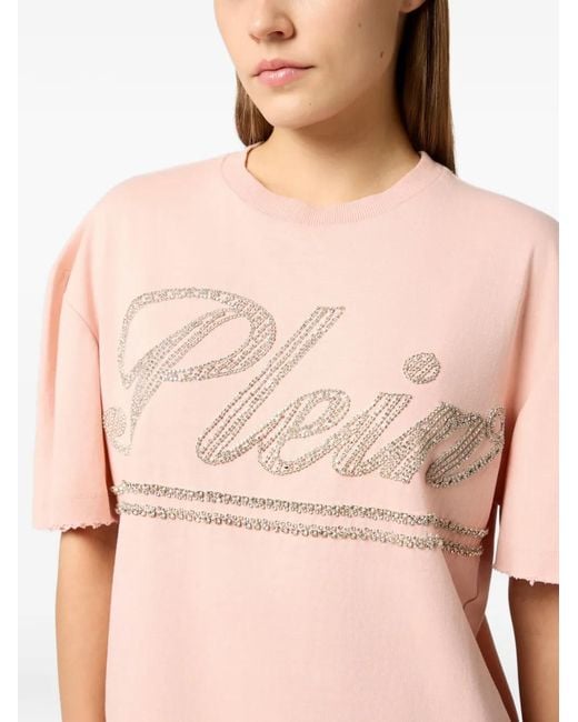 Philipp Plein Pink Logo-Strass T-Shirt