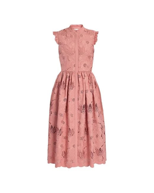 Erdem Pink Floral Cotton Cutwork Sleeveless Midi Dress