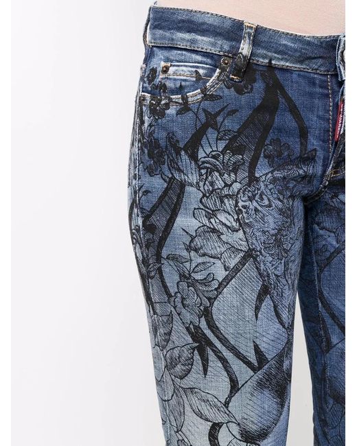 DSquared² Blue Floral-Print Skinny Jeans
