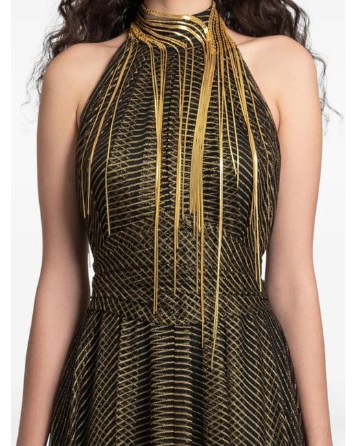 Gemy Maalouf White Metallic Fringes Tulle Maxi Dress