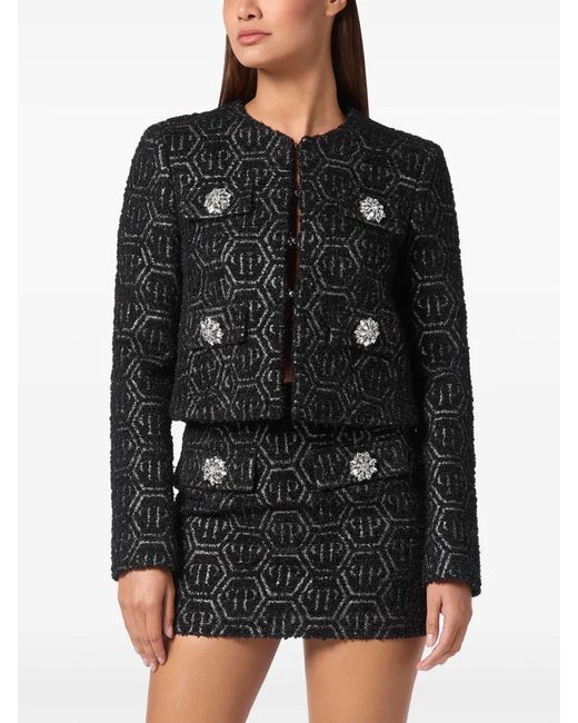 Philipp Plein Black Monogram Tweed Jacket