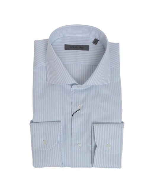 Corneliani Blue Awning-Stripe French-Collar Shirt for men