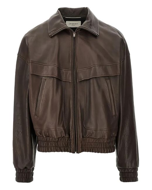 Saint Laurent Brown Bomber Leather Jacket for men