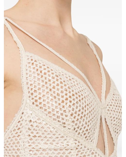 Nissa Natural Sequin-Detail Mesh Maxi Dress