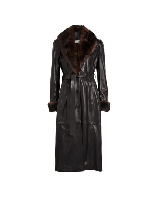 Nour Hammour Black Baez Fur-Trim Leather Trench Coat