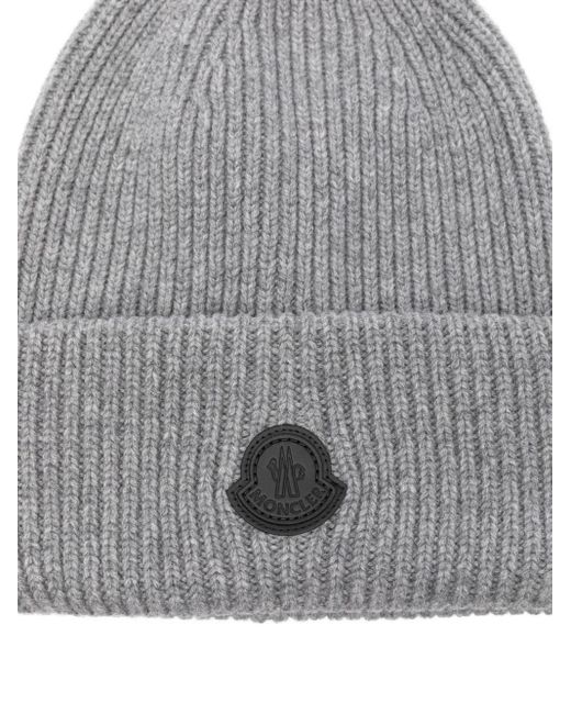 Moncler Ribbed Logo-Patch Beanie Hat in Gray for Men | Lyst display picture 1