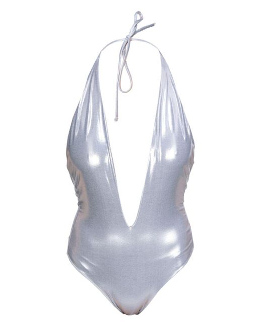 Pinko White V-neck Metallic Swimsuit