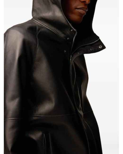 RETORI Black Hooded Leather Jacket for men