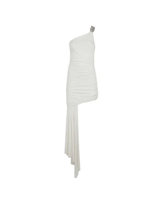 Amen White Crystal-Embellished Ruched Asymmetric Dress