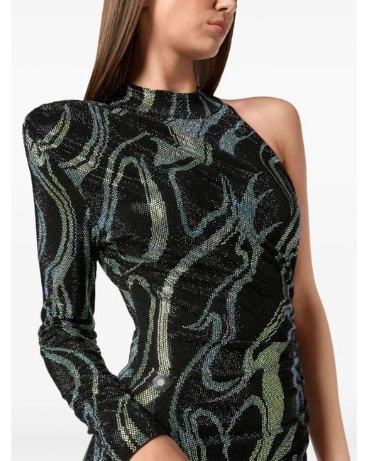 Philipp Plein Black Jersey Strass Long Dress Mono Sleeve Flame