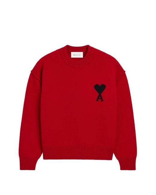 AMI Red Crew-Neck Wool Sweater With Ami De Coeur