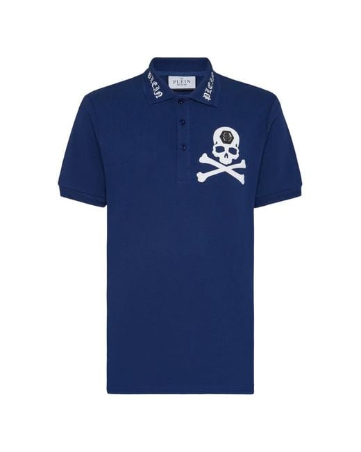 Philipp Plein Blue Skull-Motif Embroidered Polo Shirt for men
