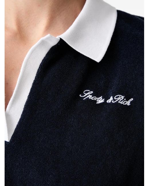 Sporty & Rich Blue Logo-Embroidered Towelling V-Neck T-Shirt