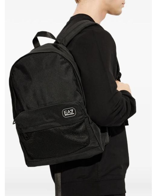 EA7 Black Logo-Patch Mesh-Pocket Backpack