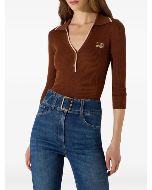 Elisabetta Franchi Brown Ribbed-Knit Polo Shirt