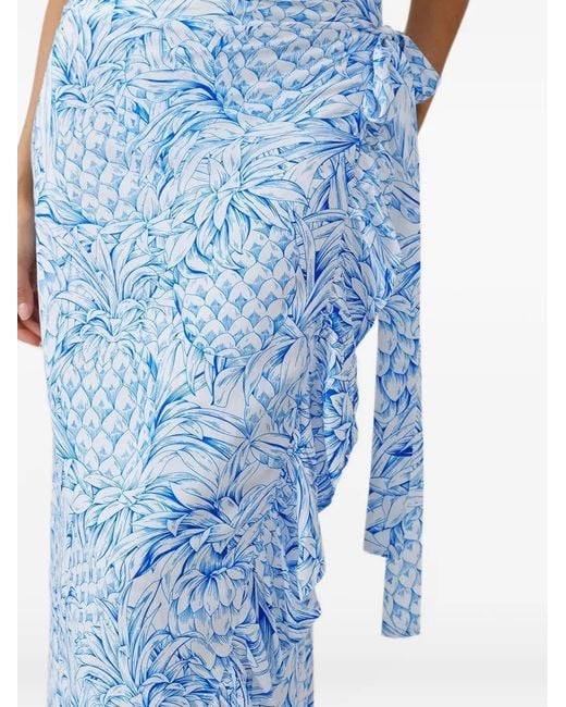 Melissa Odabash Blue Midi Pineapple-Print Ruffled Skirt