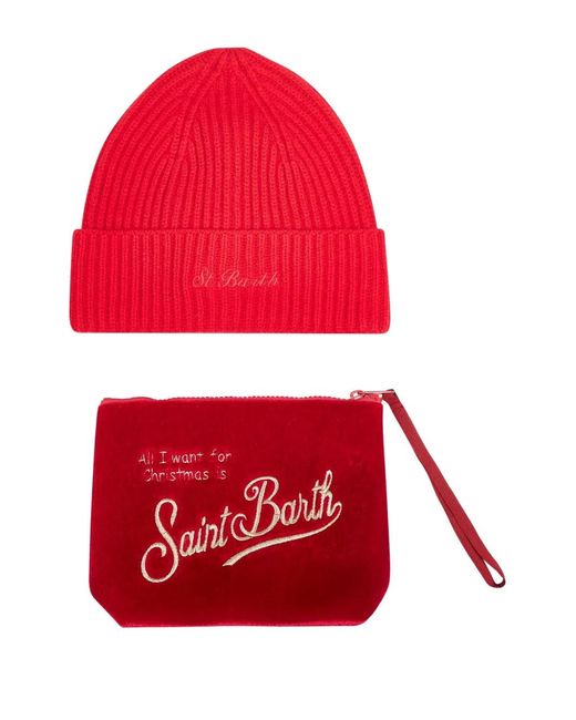 Mc2 Saint Barth Red Ribbed Velvet Beanie Pouch (Set Of Two)