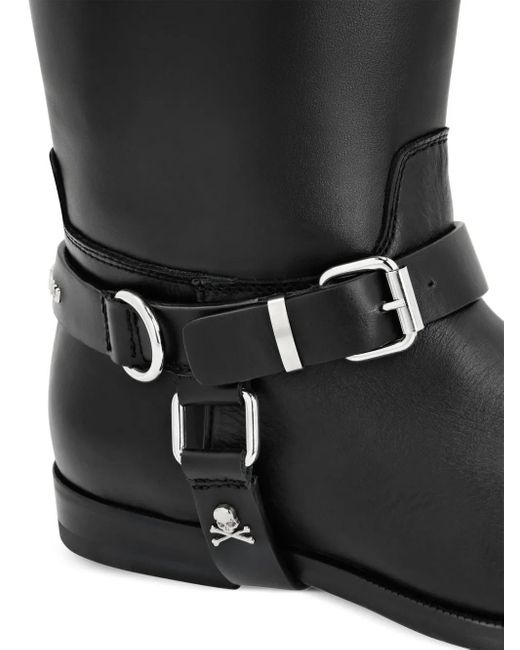 Philipp Plein Black Buckled Leather Knee-High Boots