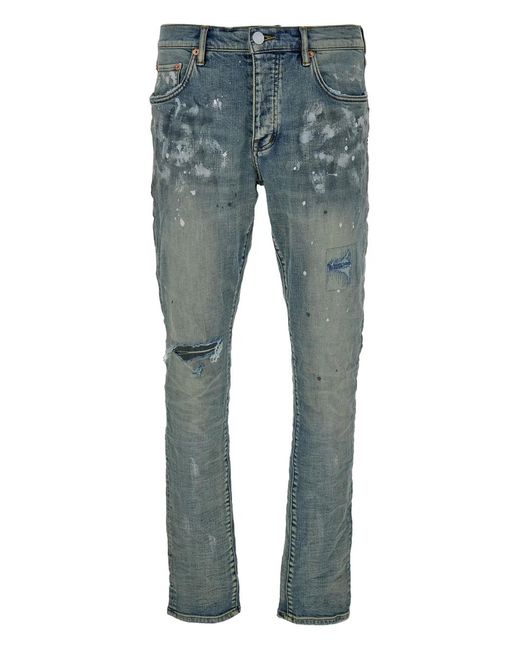 Purple Brand Blue Paint-Print Distressed Jeans for men