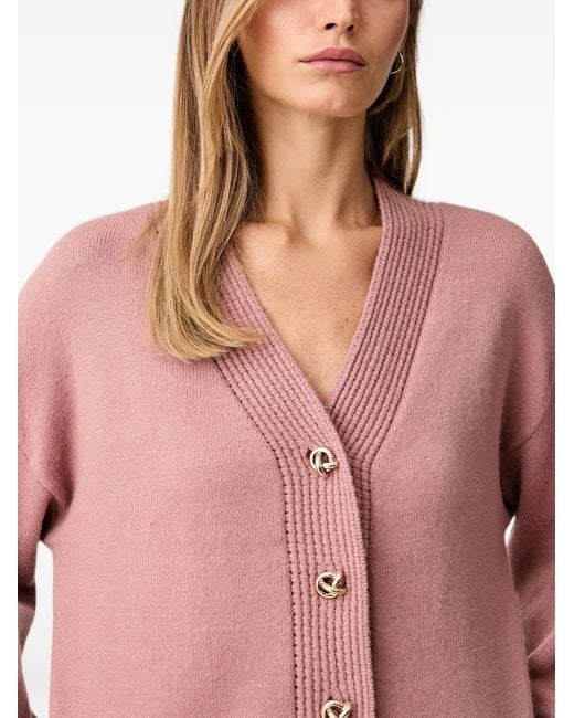 Joseph Ribkoff Pink Ribbed-Knit Button-Up V-Neck Cardigan