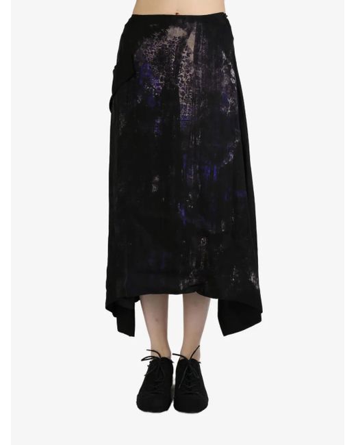 Y's Yohji Yamamoto Black Flower-Pattern Cut Off-Pocket Midi Skirt