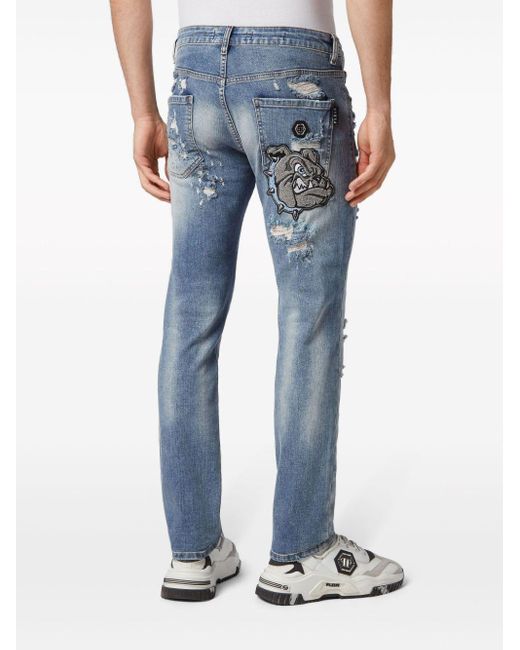 Philipp Plein Blue Ripped-detail Stonewashed Skinny Jeans for men