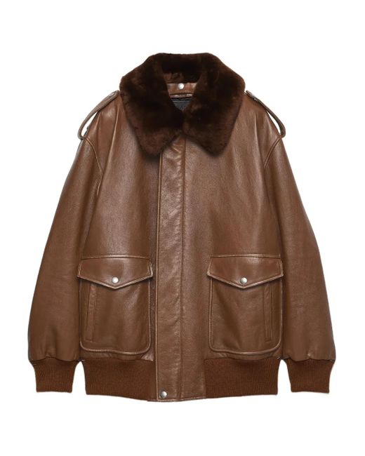 Veste En Cuir À Col Lainé Prada en coloris Brown