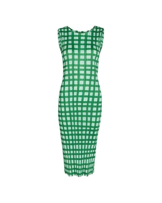 Issey Miyake Green Robe Plissée À Carreaux À Coupe Mi-Longue