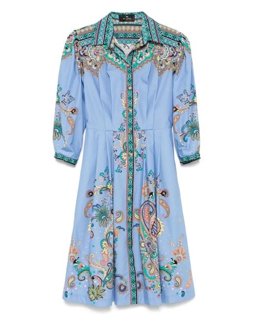 Etro Blue Pattern Cotton Midi Dress