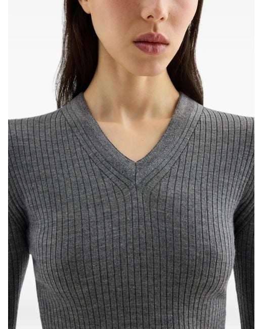 Jil Sander Gray Ribbed-Knit V-Neck Sweater