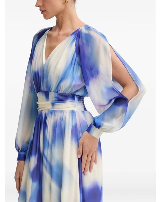 Morgan Blue Abstract-Print Slit-Sleeve Maxi Dress