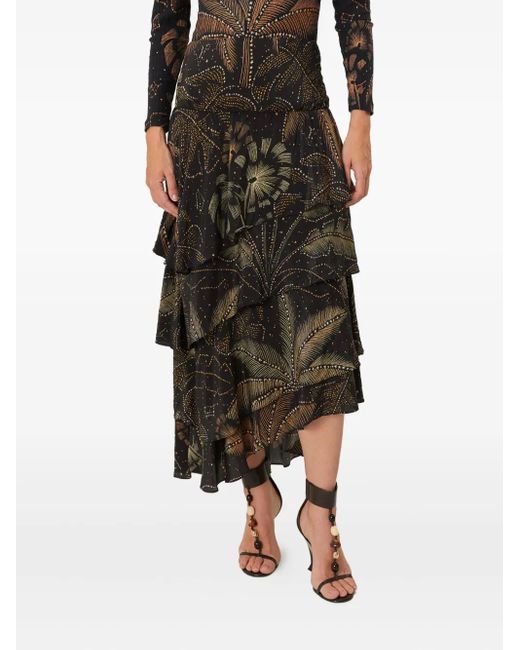 Farm Rio Black Foliage Tiered Printed Midi Skirt