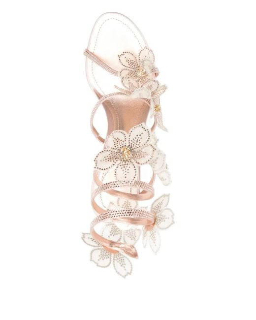 Rene Caovilla White Floriane Flowers Strass Embellished Heeled Sandals