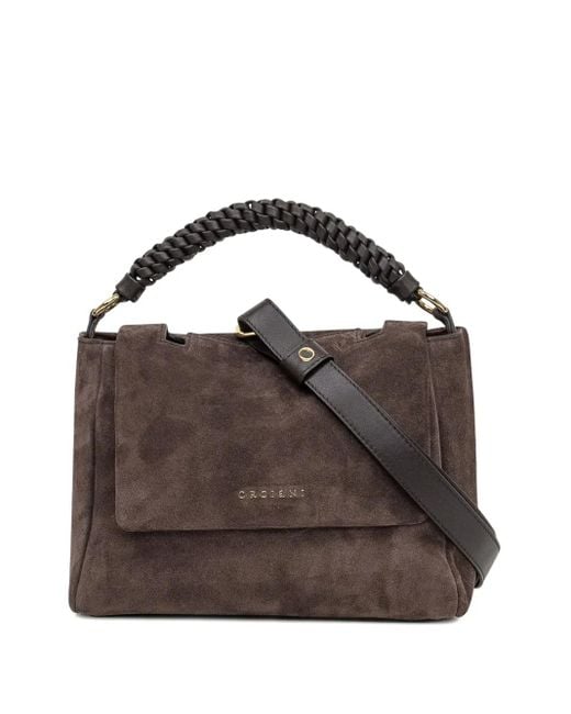 Orciani Brown Kleiner Sveva Peach Wildleder-Tote Bag mit Flechtgriff