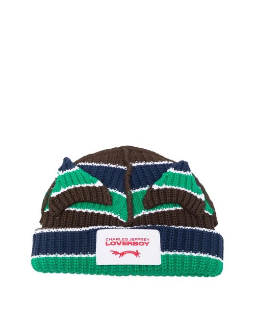Charles Jeffrey Green Chuncky Striped Ears Beanie