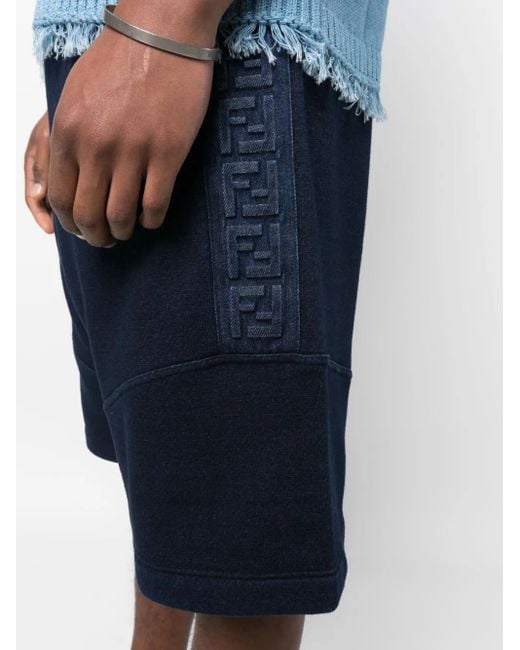 Fendi Blue Embossed-Monogram Denim Shorts for men