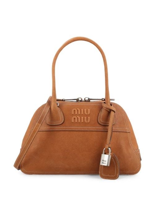 Miu Miu Brown Logo-Embossed Padlock-Detail Shoulder Bag