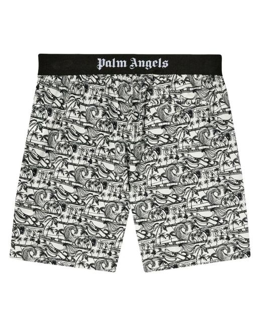 Palm Angels Black Waves Graphic-Print Deck Shorts for men