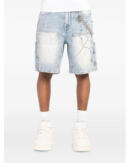 GUAPI Blue Spiderweb-Embellished Denim Shorts for men