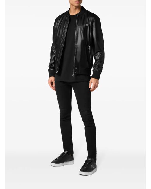 Philipp Plein Black Leather Bomber Jacket for men