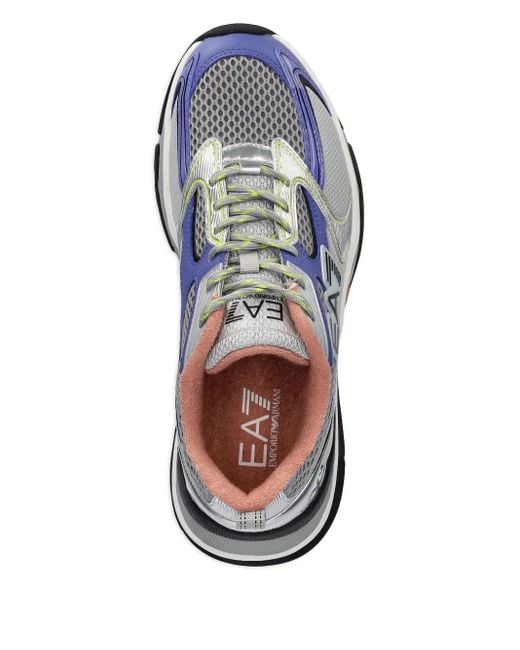 EA7 Blue Metallic-Effect Panelled Mesh Low-Top Sneakers