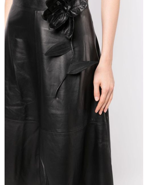 Elie Saab Black Floral-embroidered Leather Midi Skirt