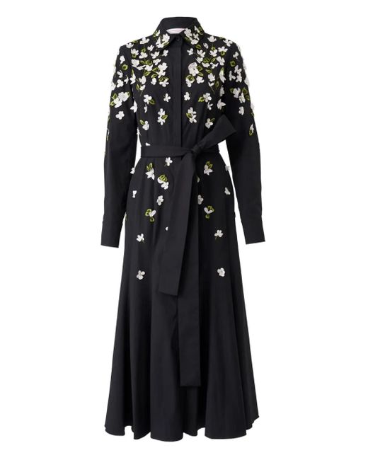 Carolina Herrera Black Floral-Embroidered Midi Dress