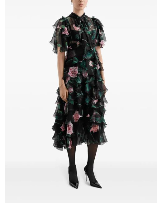 Dolce & Gabbana Black Floral-Print Midi Dress