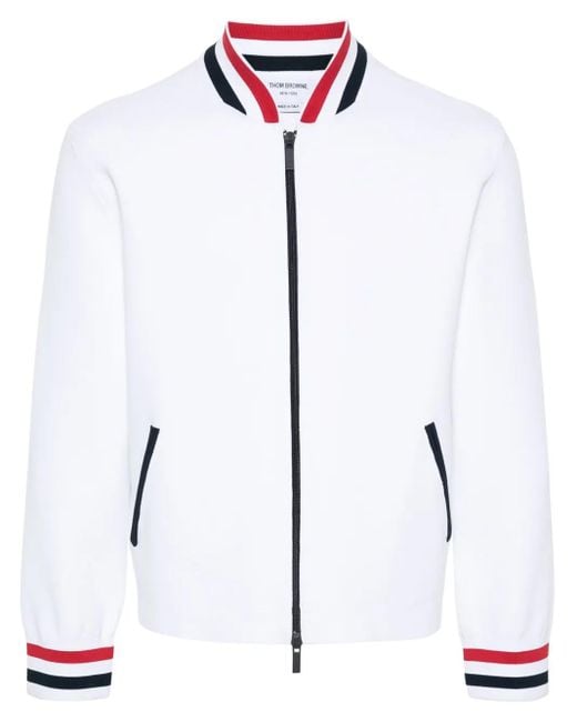 Thom Browne White Rwb-Stripe Knitted Bomber Jacket for men