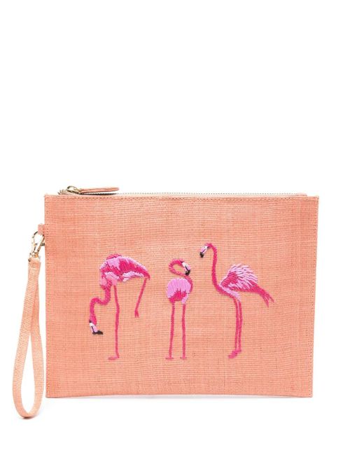 GUSTO Pink Flamingo-Embroidered Clutch Bag