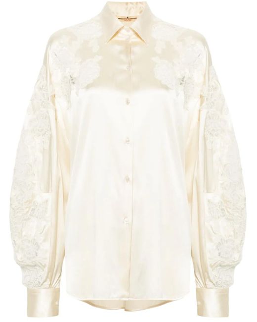 Ermanno Scervino White Satin Finish Shirt With Floral Embroidery