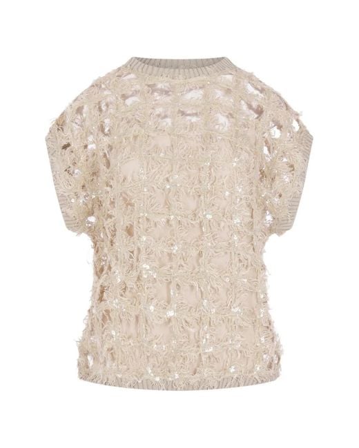 Brunello Cucinelli White Sequin-Embellished Fringed Top